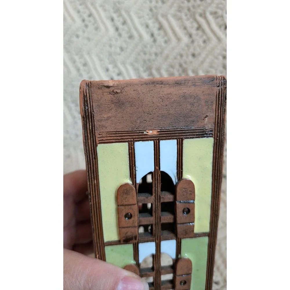 Vintage Lithuanian Handmade Clay Tower Tea Light‎ Candle Holder Village House